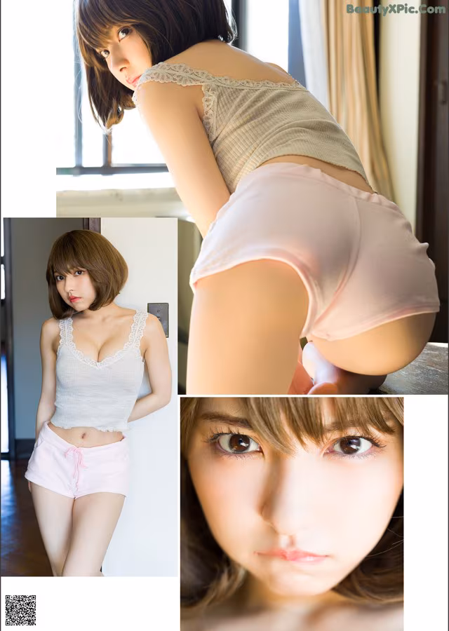 A woman in a white top and pink shorts posing for a picture.
