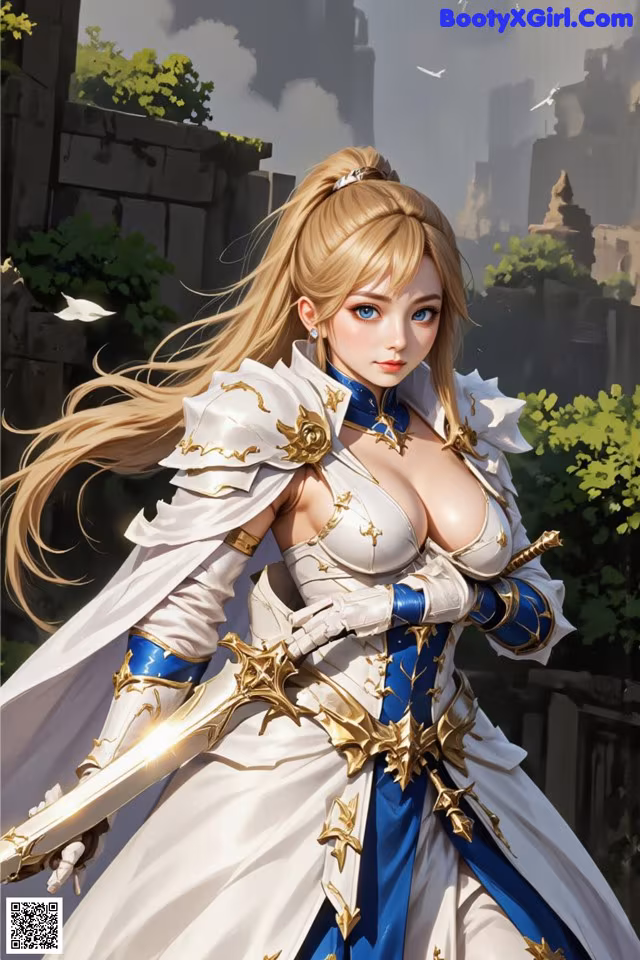 A woman in a white and blue outfit holding a sword.