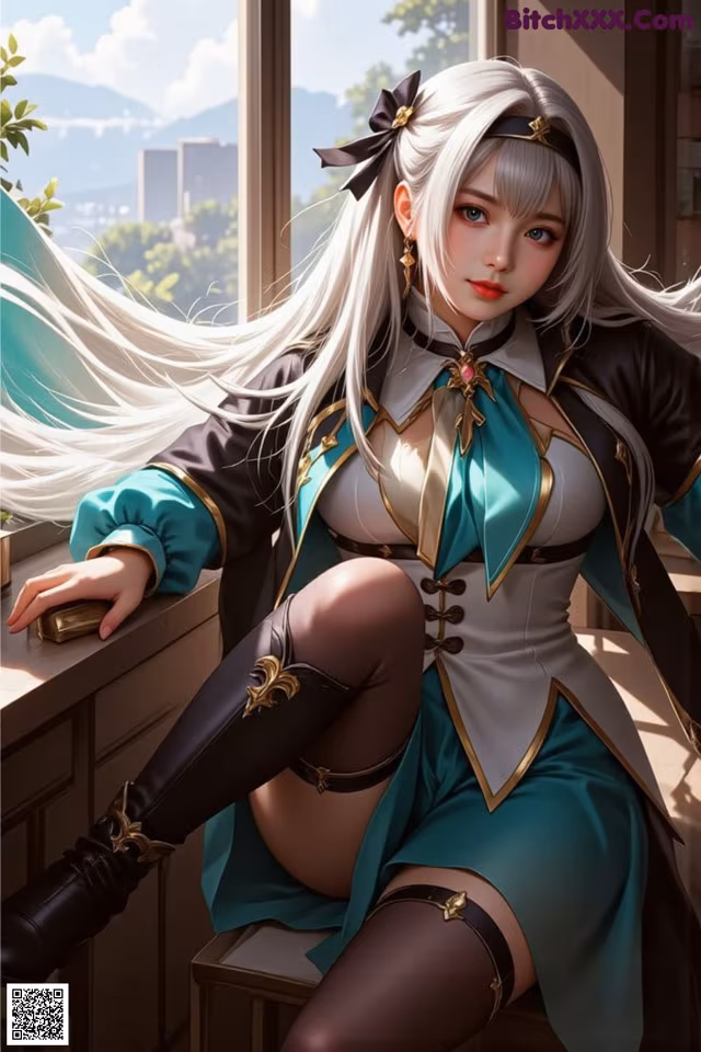 A woman with long white hair sitting on a window sill.