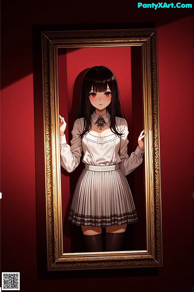 A girl in a school uniform standing in front of a picture frame.
