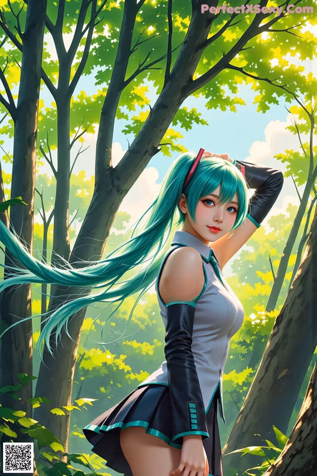 A girl with long green hair standing in the woods.