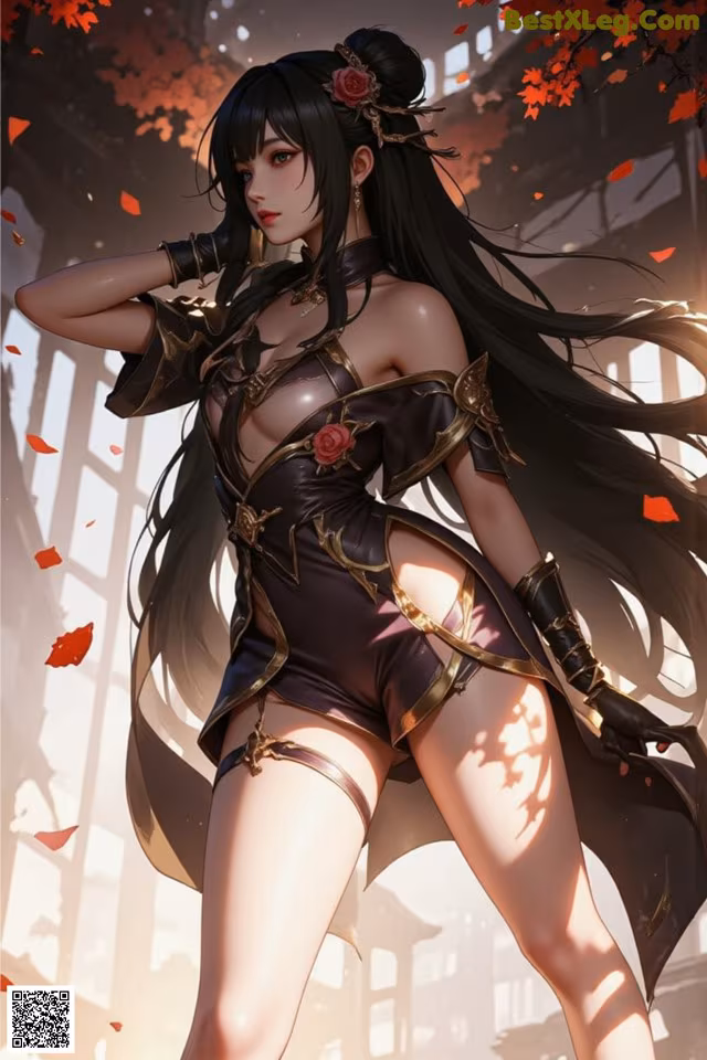 A woman with long black hair standing in front of a building.