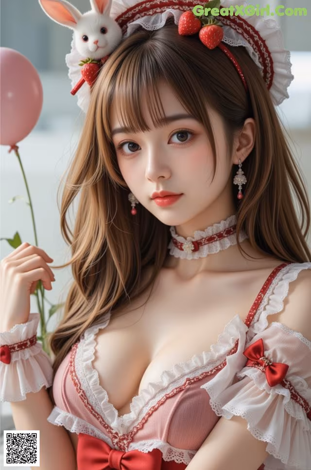 a woman in a pink dress holding a pink balloon