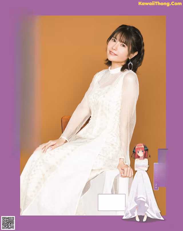 A woman in a white dress sitting on a chair.