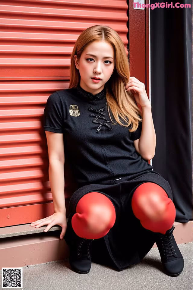 A woman in a black dress and red tights posing for a picture.