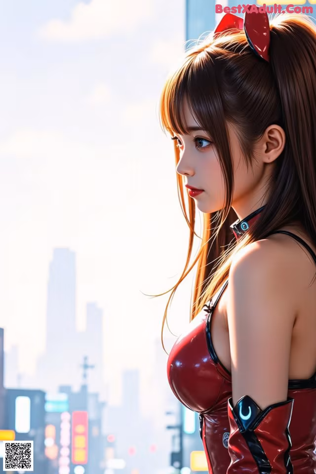 A woman in a red latex outfit standing in front of a city.