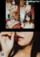 A collage of photos of a woman eating a cherry.