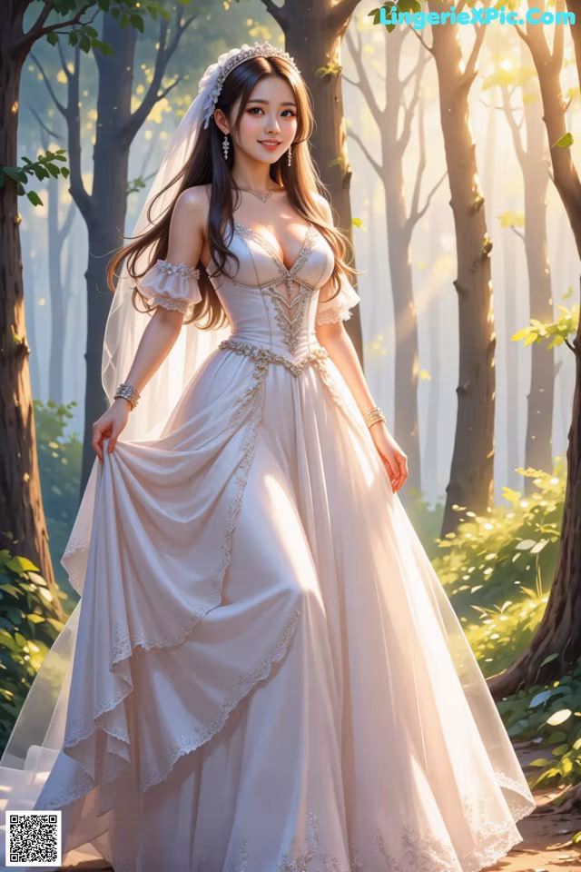 A woman in a wedding dress standing in the woods.