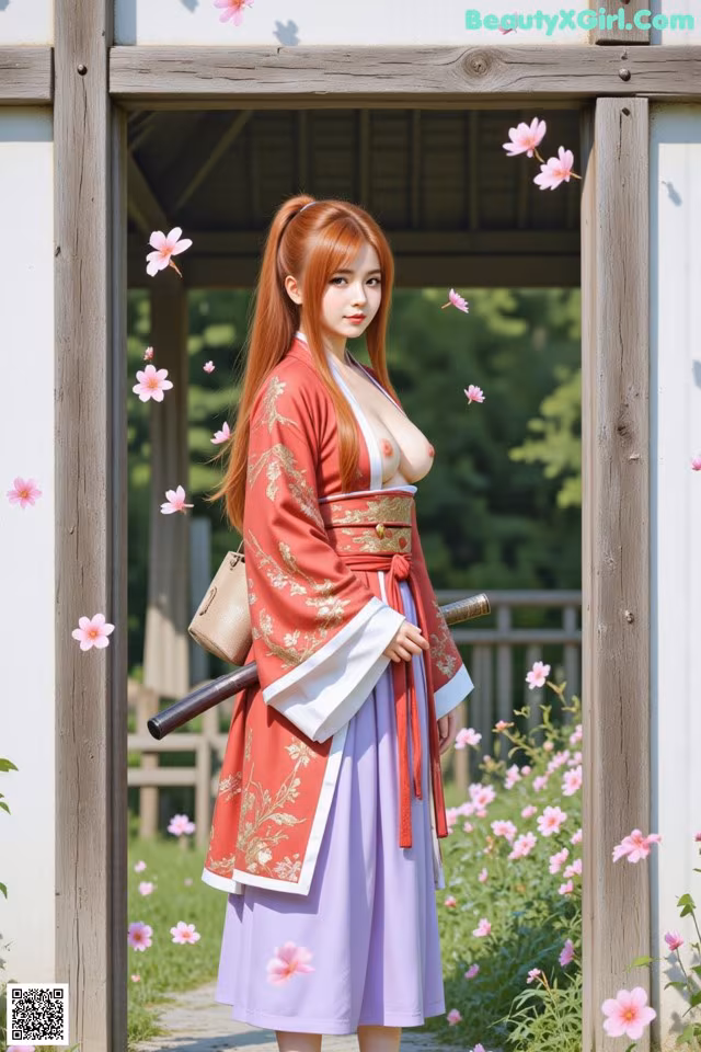 A woman in traditional attire stands in a garden with cherry blossoms.