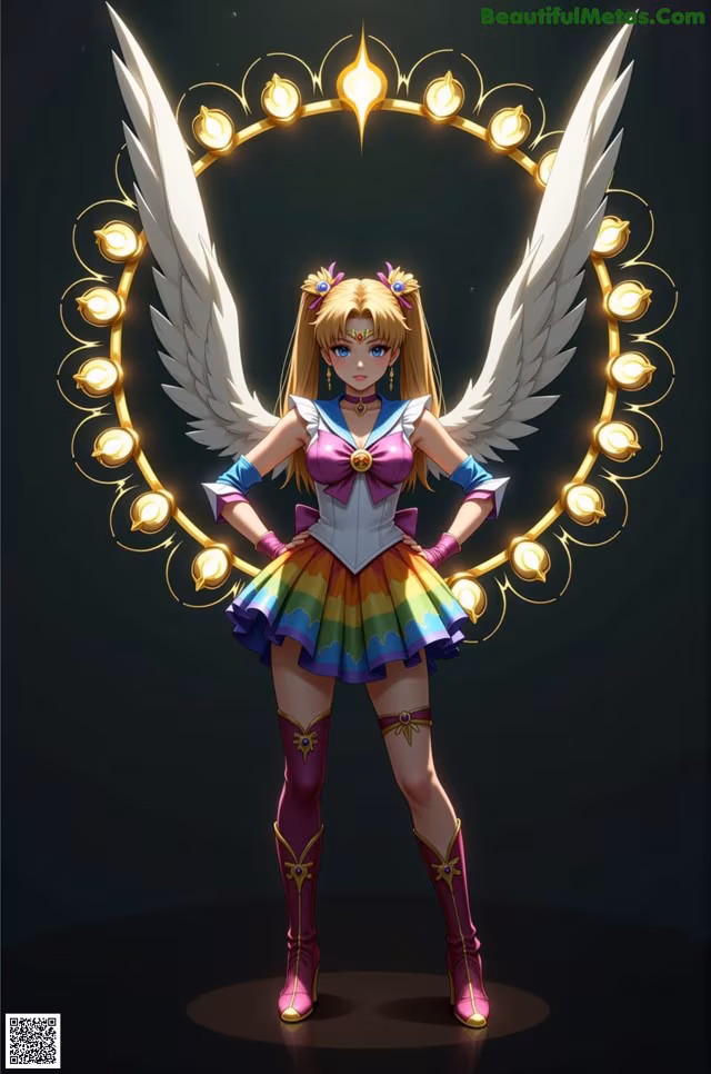 A woman in a rainbow colored dress with white wings.