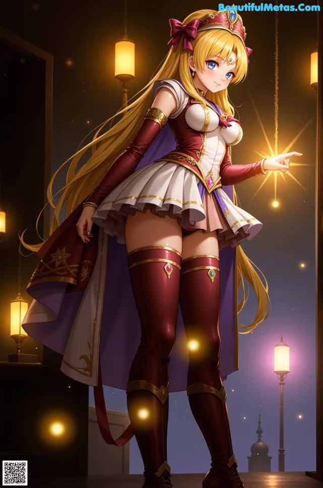 A woman in a dress and a crown pointing at something.