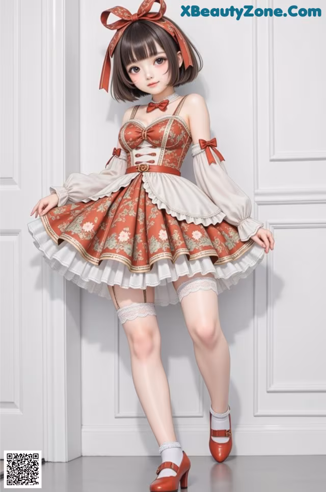 A woman in a red and white dress and red shoes.