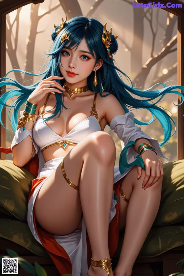A woman with long blue hair sitting on a couch.