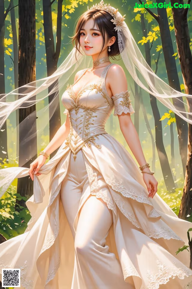 A woman in a wedding dress standing in the woods.