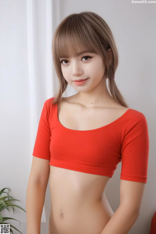 A woman in a red top is posing for the camera.