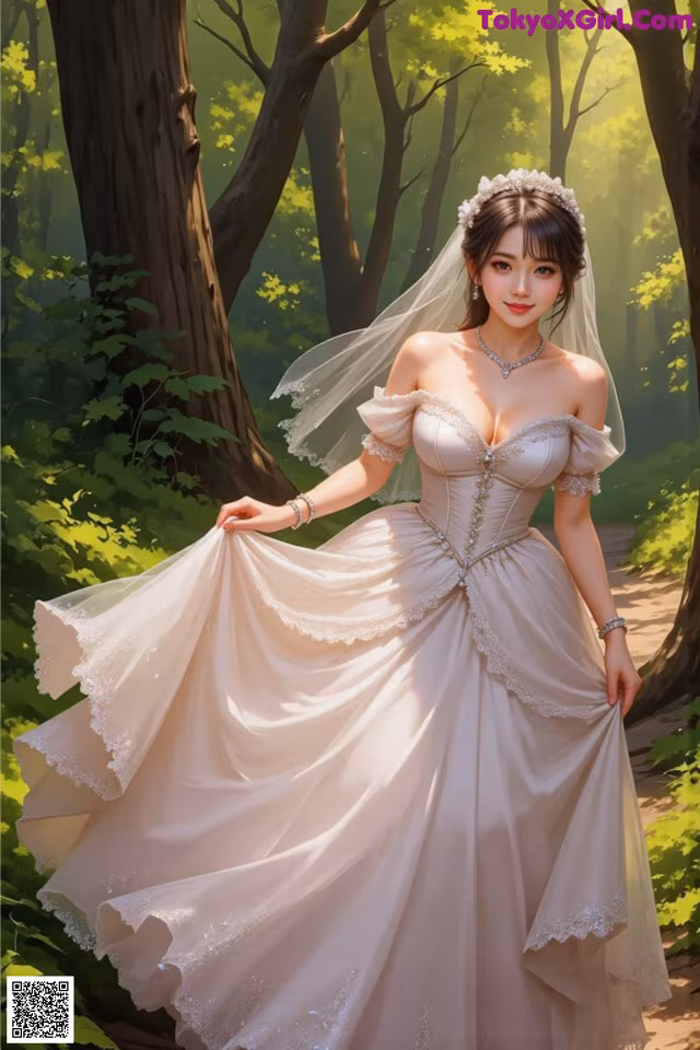A woman in a wedding dress standing in the woods.